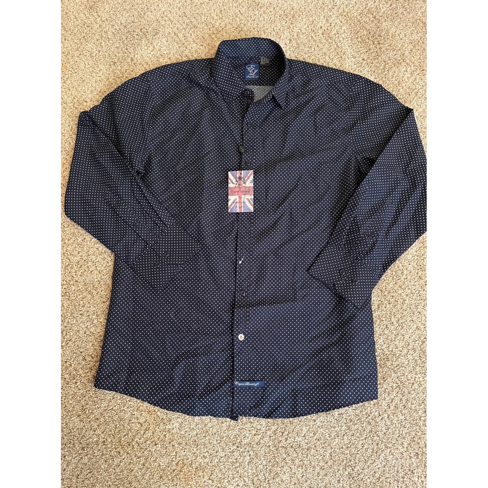 English Laundry Mens Button Front Shirt Large Navy Blue Polka Dot NWT L/S